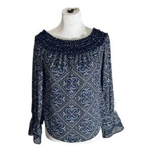 White House Black Market Blouse Women's Size Small Black Blue Bell Sleeve Lined